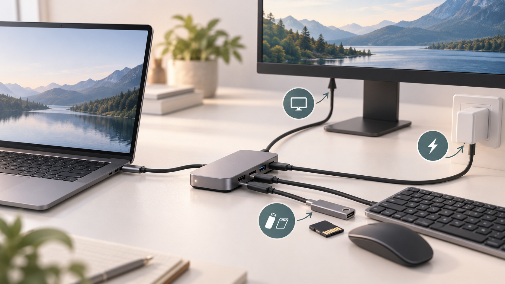 USB-Cハブ1台でノートPCの充電、外部モニター、周辺機器をまとめるイメージ