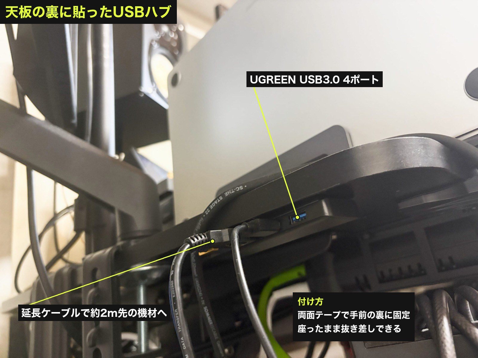デスク裏に固定したUSBハブ周辺の配線